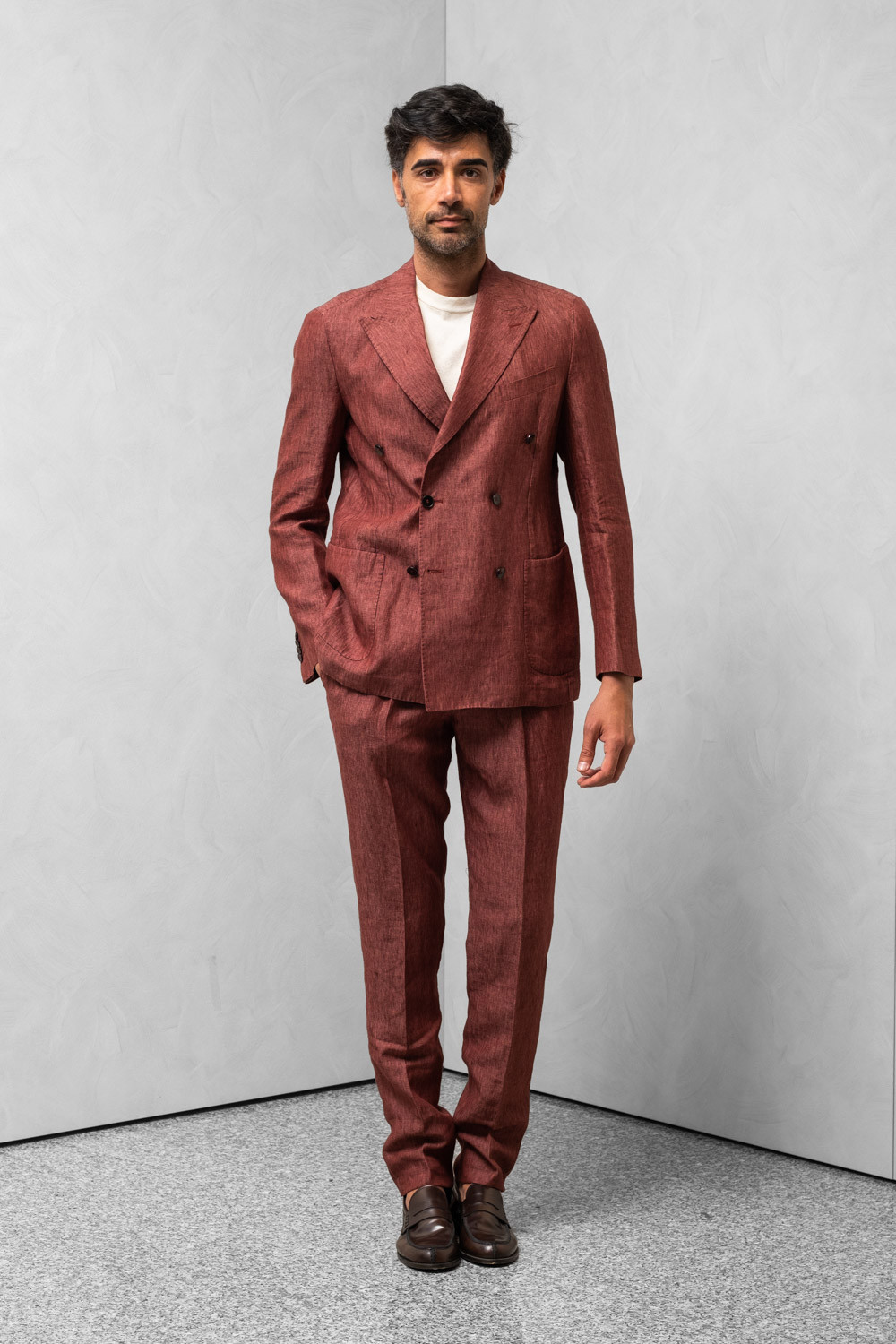 Man suit unlined double-breasted jacket trousers lace pinstripe brown 0909 ADIPPY1_PAUL-465