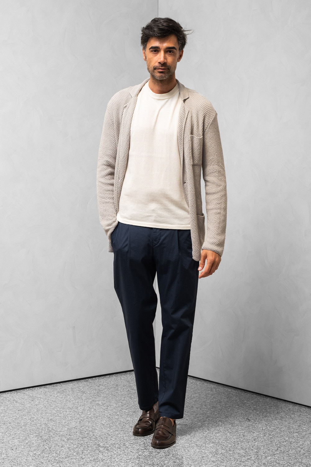 Man Knitted polo shirt asymmetric long sleeve beige 0909 ISCHIA-113