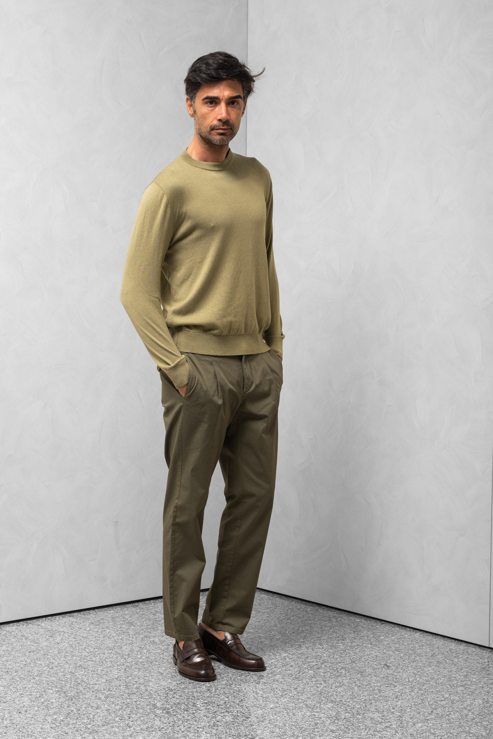 Man Knitted polo shirt asymmetric long sleeve beige 0909 ISCHIA-113